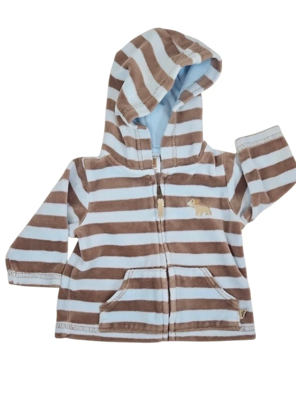 3 Mos. Vintage Baby Hoodie Jacket Blue Brown Stripes Dog Embroidered Zip Closure